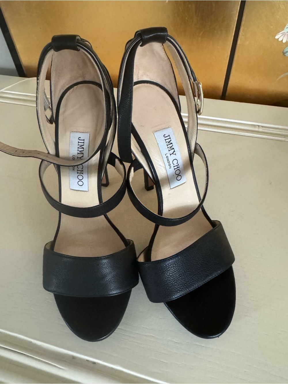 Jimmy Choo Black Leather Strappy Open-Toe Heels